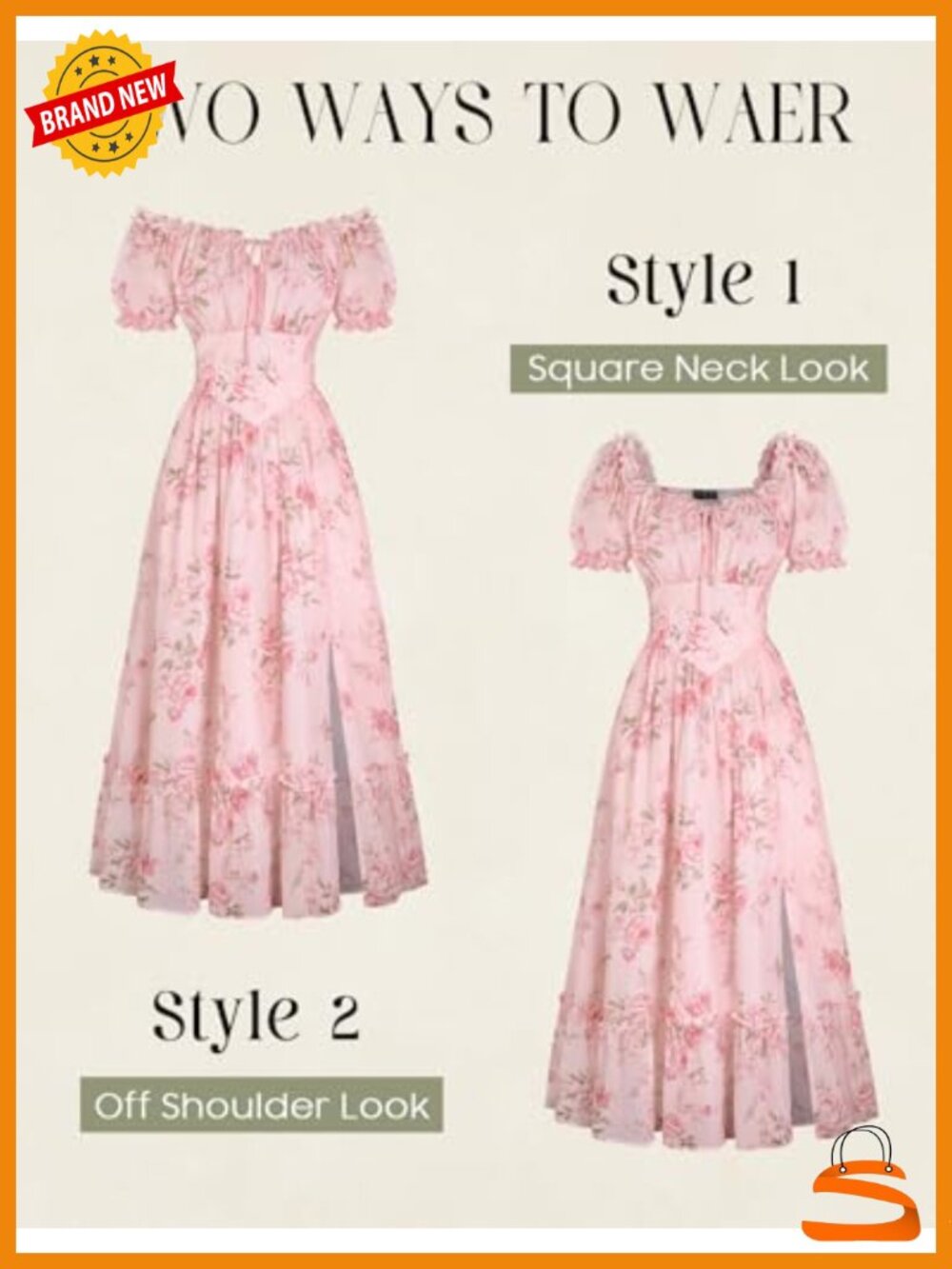 Floral Corset Dress Flowy A-line Midi Puff Sleeve Square Neck Side Pockets - Picture 5 of 6